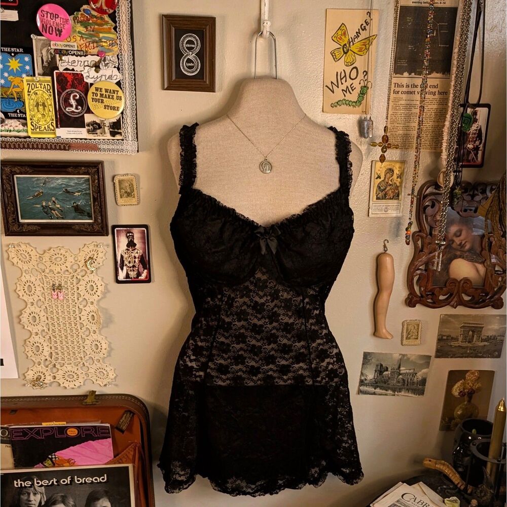 Ruffled Lace Babydoll Slip Chemise Women's 2XL Black